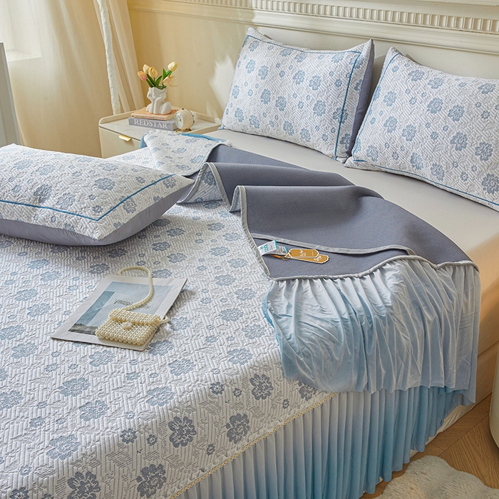 91家纺网 家纺一手货源 找家纺 罗艺轩 2025新款床裙款透气凉感豆豆软凉席席子 花妍-蓝