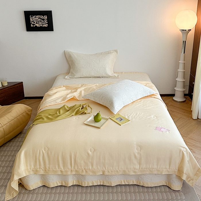 91家纺网 家纺一手货源 找家纺 琳可家居 2025春夏新款腰果花系列双面莱赛尔天丝床盖三件套高温水洗可机洗 腰果花-优雅白