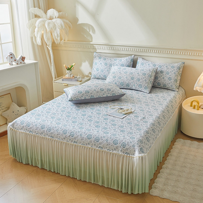 91家纺网 家纺一手货源 找家纺 罗艺轩 2025新款床裙款透气凉感豆豆软凉席席子 花妍-绿