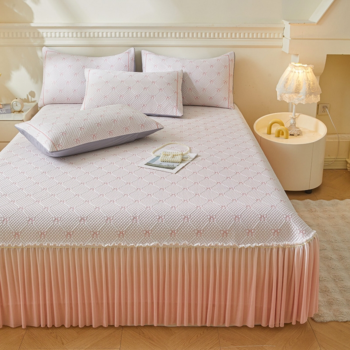 91家纺网 家纺一手货源 找家纺 罗艺轩 2025新款床裙款透气凉感豆豆软凉席席子 梦蝶-粉