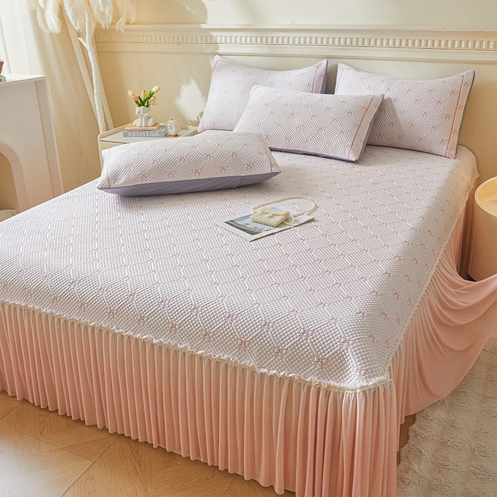 91家纺网 家纺一手货源 找家纺 罗艺轩 2025新款床裙款透气凉感豆豆软凉席席子 梦蝶-粉