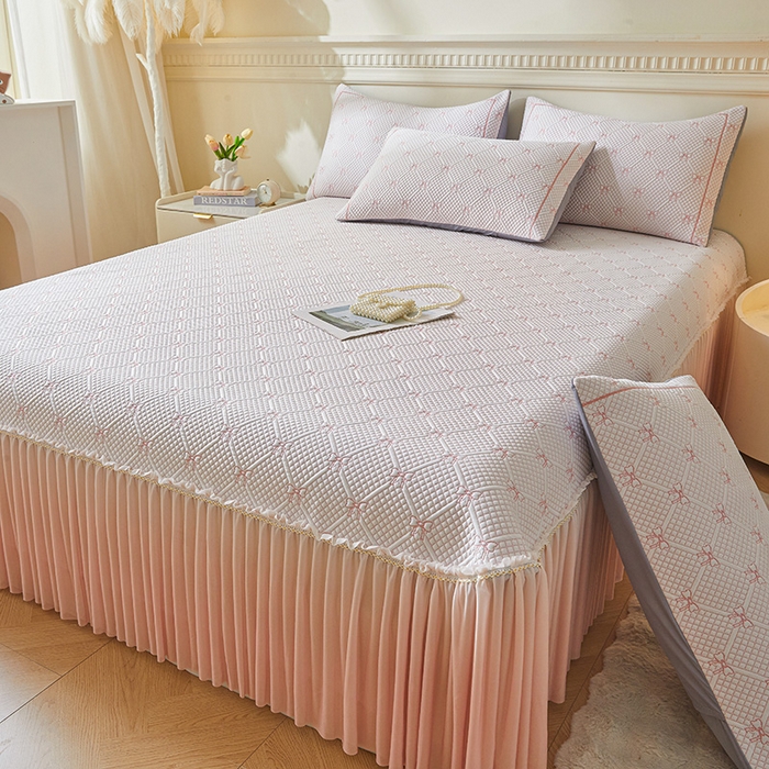 91家纺网 家纺一手货源 找家纺 罗艺轩 2025新款床裙款透气凉感豆豆软凉席席子 梦蝶-粉