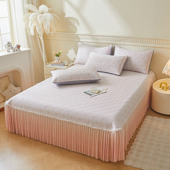 91家纺网 家纺一手货源 找家纺 罗艺轩 2025新款床裙款透气凉感豆豆软凉席席子 梦蝶-粉