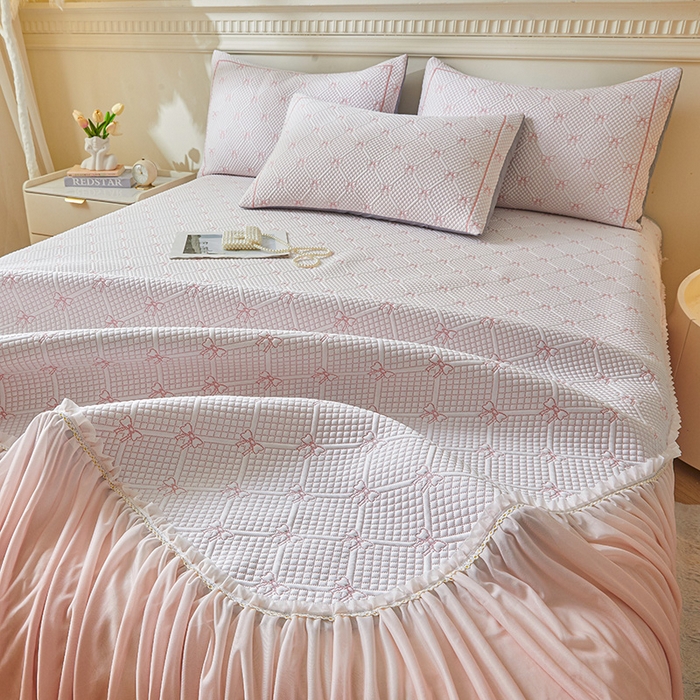 91家纺网 家纺一手货源 找家纺 罗艺轩 2025新款床裙款透气凉感豆豆软凉席席子 梦蝶-粉