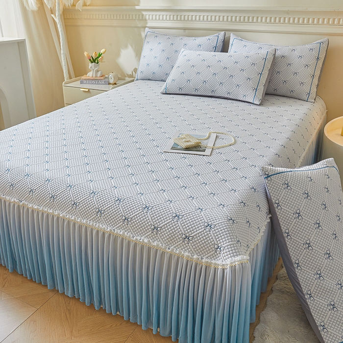 91家纺网 家纺一手货源 找家纺 罗艺轩 2025新款床裙款透气凉感豆豆软凉席席子 梦蝶-蓝