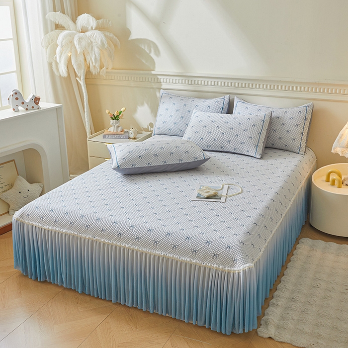 91家纺网 家纺一手货源 找家纺 罗艺轩 2025新款床裙款透气凉感豆豆软凉席席子 梦蝶-蓝