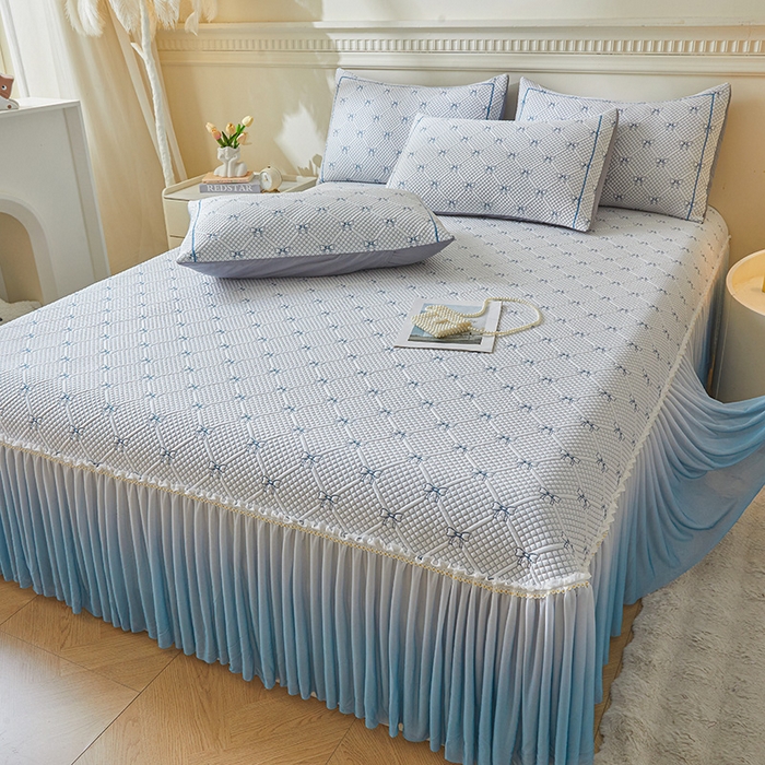 91家纺网 家纺一手货源 找家纺 罗艺轩 2025新款床裙款透气凉感豆豆软凉席席子 梦蝶-蓝