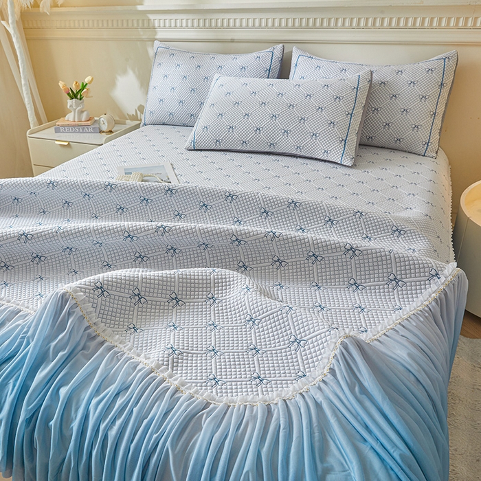 91家纺网 家纺一手货源 找家纺 罗艺轩 2025新款床裙款透气凉感豆豆软凉席席子 梦蝶-蓝