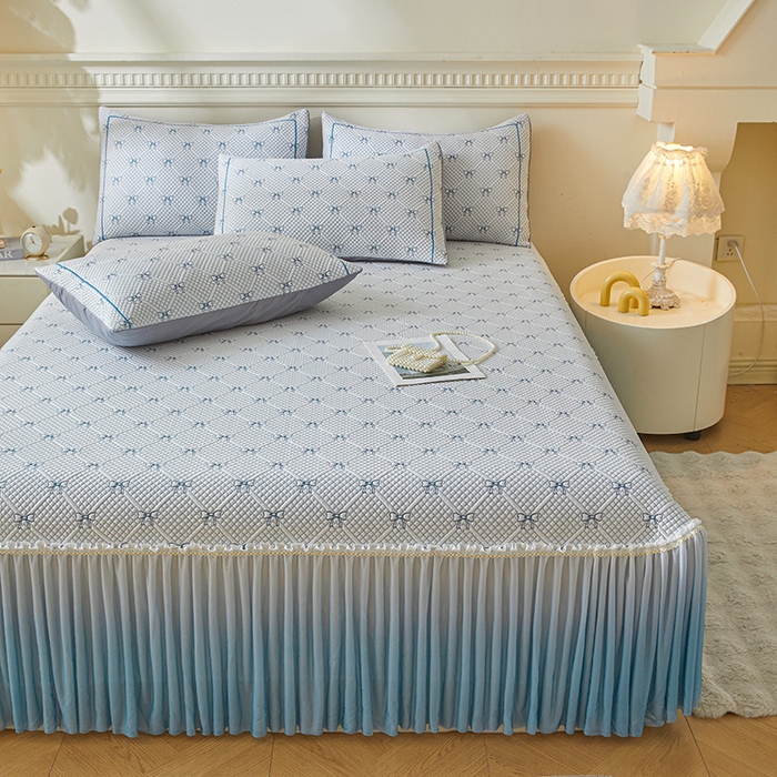 91家纺网 家纺一手货源 找家纺 罗艺轩 2025新款床裙款透气凉感豆豆软凉席席子 梦蝶-蓝