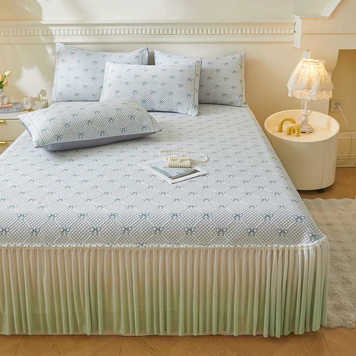 91家纺网 家纺一手货源 找家纺 罗艺轩 2025新款床裙款透气凉感豆豆软凉席席子 梦蝶-绿