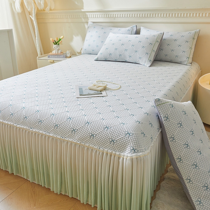 91家纺网 家纺一手货源 找家纺 罗艺轩 2025新款床裙款透气凉感豆豆软凉席席子 梦蝶-绿