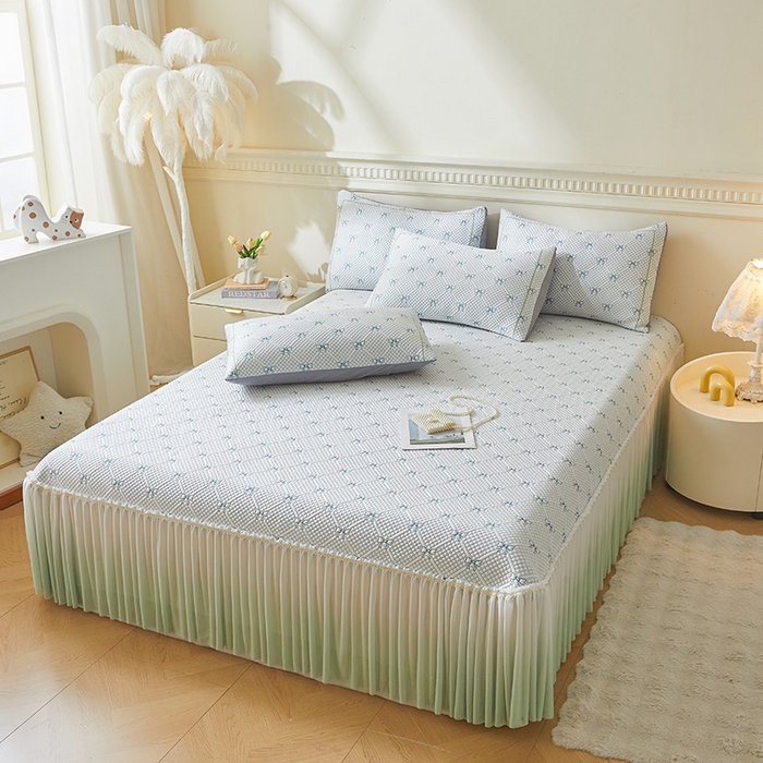 91家纺网 家纺一手货源 找家纺 罗艺轩 2025新款床裙款透气凉感豆豆软凉席席子 梦蝶-绿