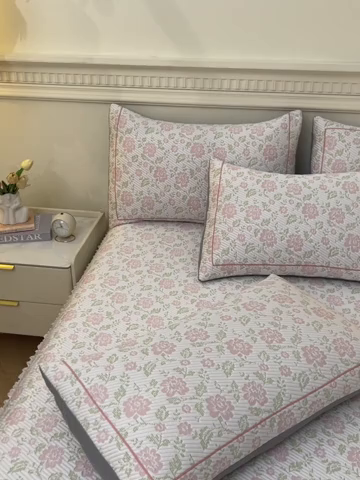 91家纺网 家纺一手货源 找家纺 罗艺轩 2025新款床裙款透气凉感豆豆软凉席席子 花妍-粉