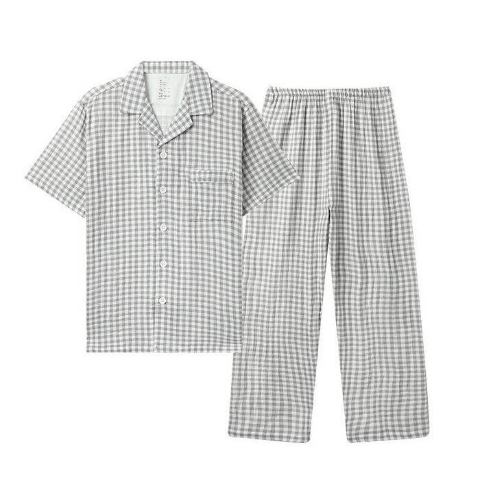 91家纺网 家纺一手货源 找家纺 （总）良品汇馆 2025新款日式无印水洗全棉纯棉双层纱睡衣良品女纯棉短袖长裤棉夏季情侣家居服