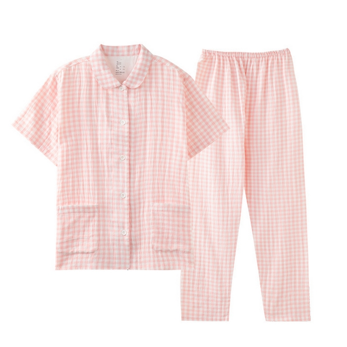 良品汇馆 2025新款日式无印水洗全棉纯棉双层纱睡衣良品女纯棉短袖长裤棉夏季情侣家居服 女款糖果粉短袖