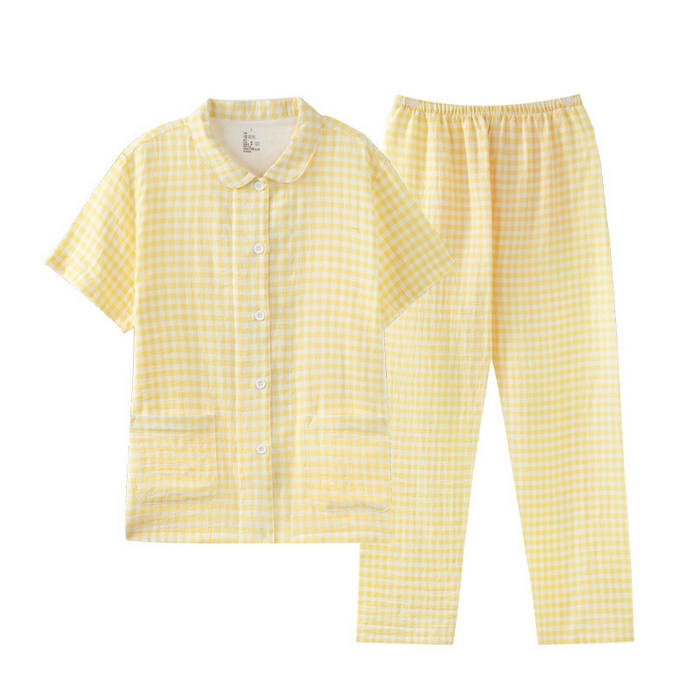 良品汇馆 2025新款日式无印水洗全棉纯棉双层纱睡衣良品女纯棉短袖长裤棉夏季情侣家居服 女款糖果黄短袖