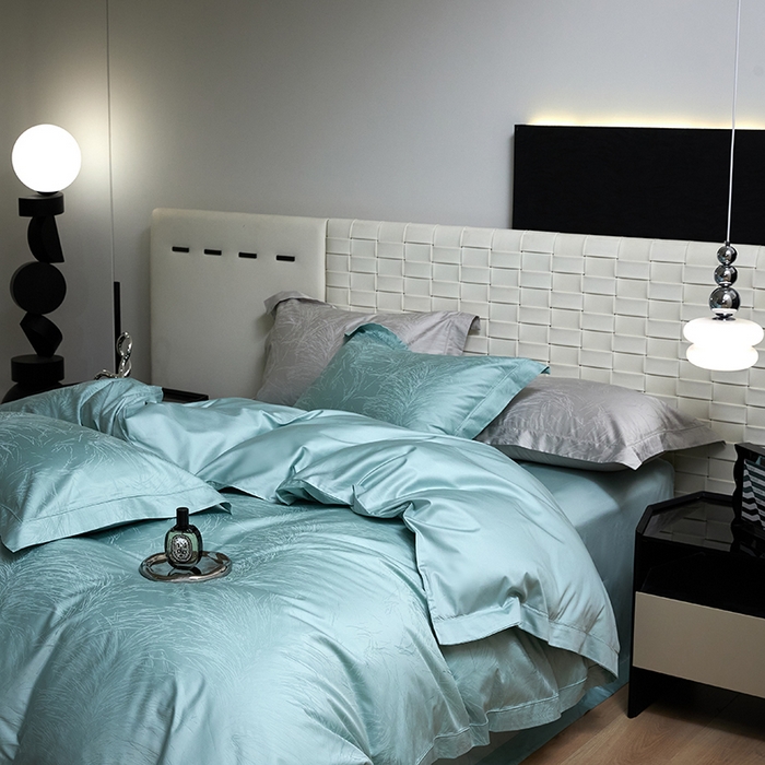 91家纺网 家纺一手货源 找家纺 洽想家 2025新款长绒棉贡缎提花手工立体埋绳工艺四件套礼盒包装 流金时光（冰川兰）