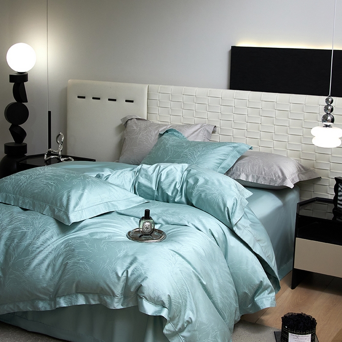 91家纺网 家纺一手货源 找家纺 洽想家 2025新款长绒棉贡缎提花手工立体埋绳工艺四件套礼盒包装 流金时光（冰川兰）