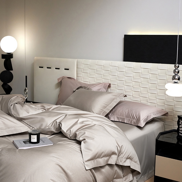 91家纺网 家纺一手货源 找家纺 洽想家 2025新款长绒棉贡缎提花手工立体埋绳工艺四件套礼盒包装 夜光曲（香槟色）