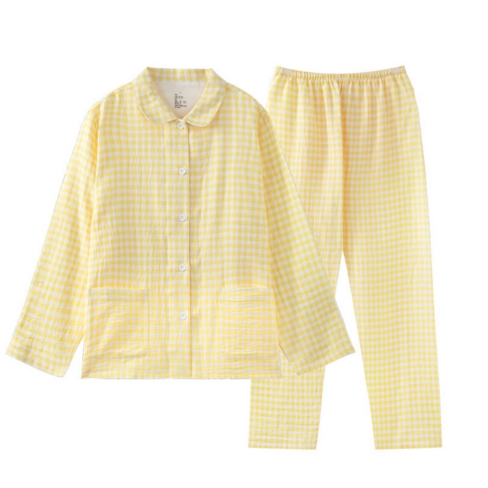 良品汇馆 2025新款日式无印全棉纯棉双层纱家居服良品糖果纯棉睡衣套装长袖情侣家居服 女款糖果黄长袖