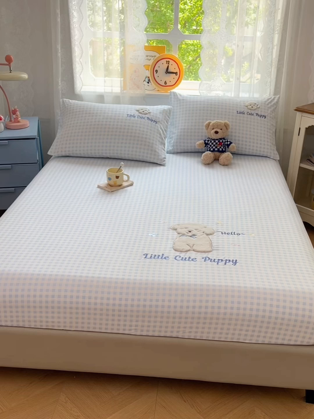 91家纺网 家纺一手货源 找家纺 梦舒羽 2025春夏新款水洗棉兔毛绒贴布绣枕套单枕套（带买家秀） 萌萌幸运汪-海盐兰