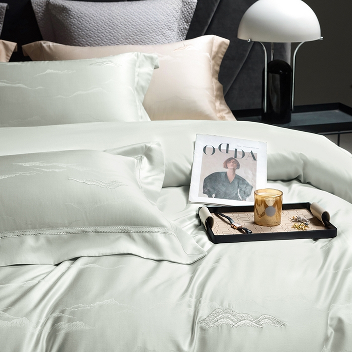 91家纺网 家纺一手货源 找家纺 洽想家 2025新款100支天丝棉提花加绣花工艺款床品四件套--山岚夏梦系列 山岚夏梦-薄荷绿