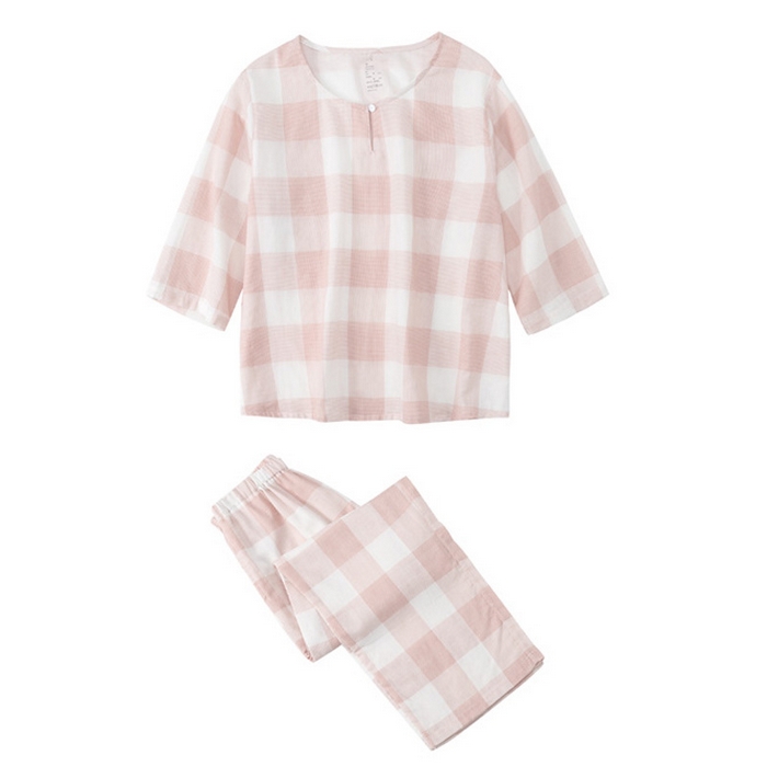 良品汇馆 2025新款日系无印双层纱家居服良品女士七分袖家居服套装全棉格纹套头睡衣 千鸟格-粉