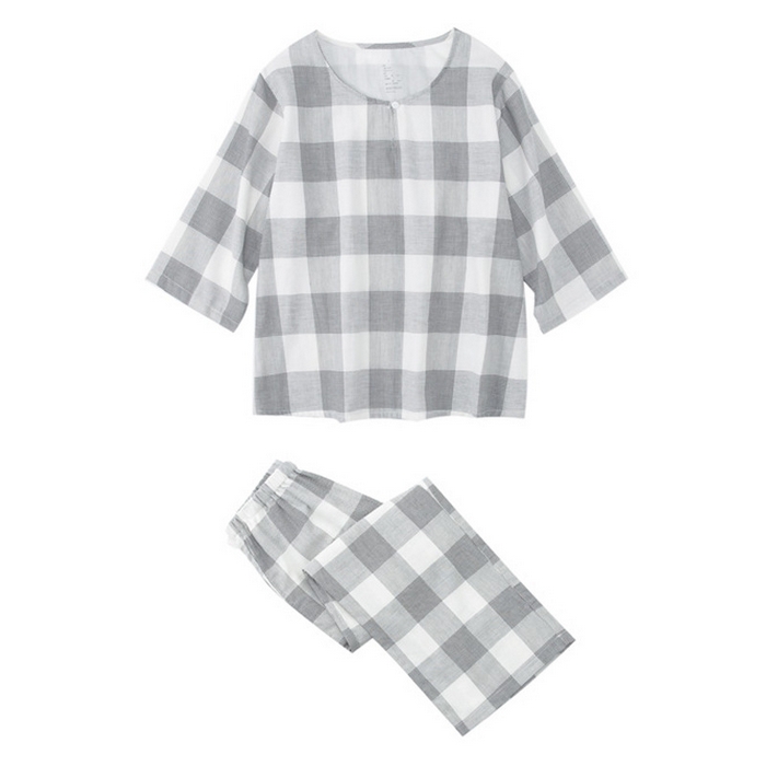 良品汇馆 2025新款日系无印双层纱家居服良品女士七分袖家居服套装全棉格纹套头睡衣 千鸟格-灰