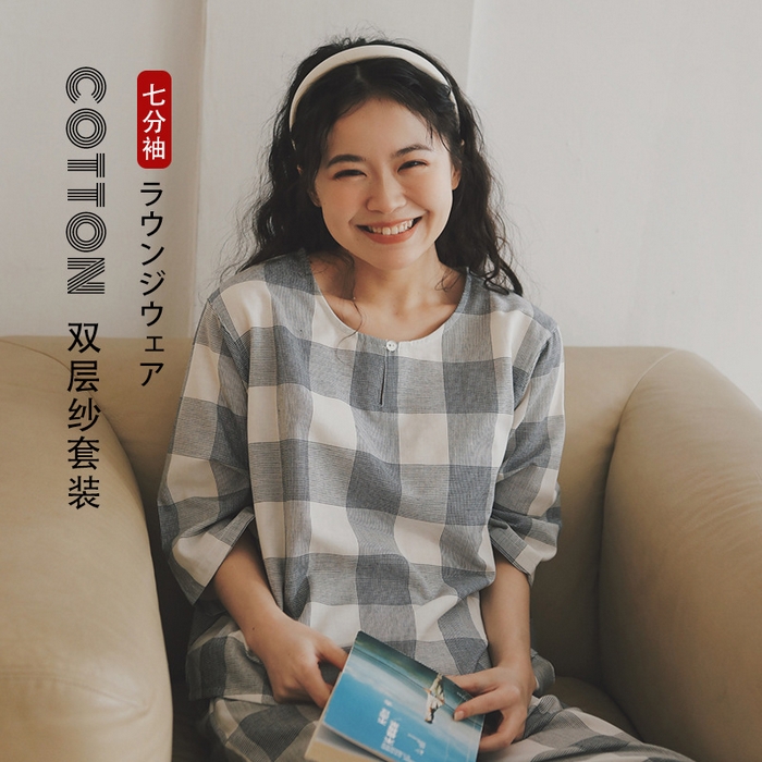 91家纺网 家纺一手货源 找家纺 良品汇馆 2025新款日系无印双层纱家居服良品女士七分袖家居服套装全棉格纹套头睡衣 千鸟格-灰
