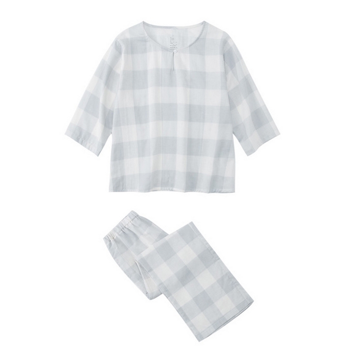 良品汇馆 2025新款日系无印双层纱家居服良品女士七分袖家居服套装全棉格纹套头睡衣 千鸟格-兰