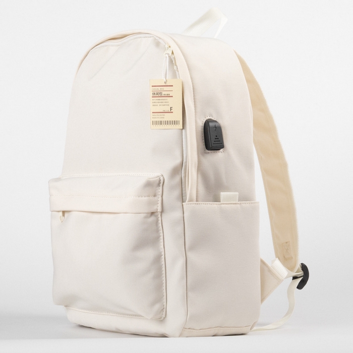 91家纺网 家纺一手货源 找家纺 良品汇馆 2025新款日式无印背包良品双肩包学生书包简约电脑包纯色旅行包笔记本背包 双肩包USB款-米白