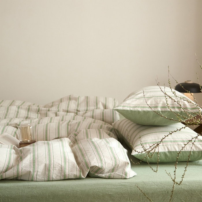 91家纺网 家纺一手货源 找家纺 良品汇馆 2025新款日式无印全棉纯棉提花四件套良品条纹A类床品件套纯棉床上用品柔软新 素练浮光-绿粉