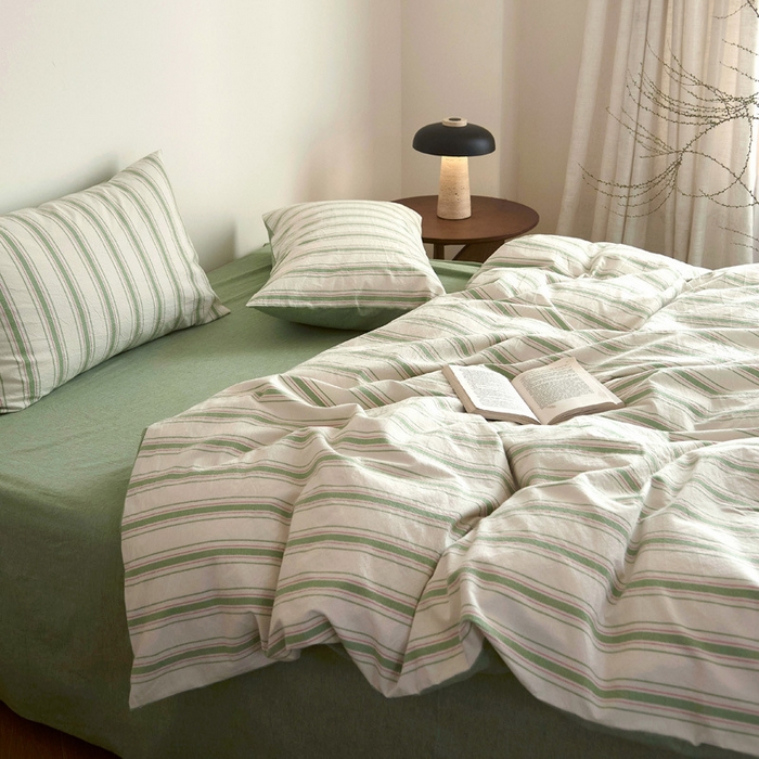 91家纺网 家纺一手货源 找家纺 良品汇馆 2025新款日式无印全棉纯棉提花四件套良品条纹A类床品件套纯棉床上用品柔软新 素练浮光-绿粉