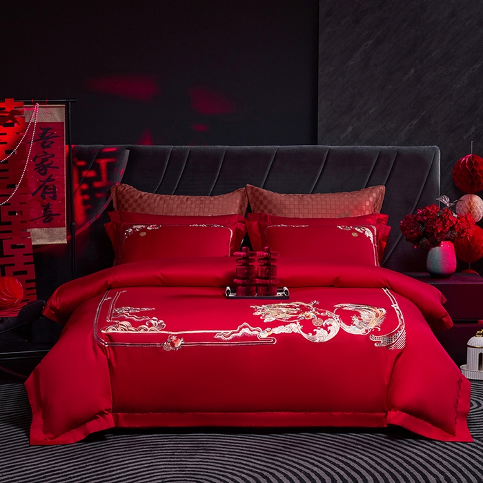 91家纺网 家纺一手货源 找家纺 （总）洽想家 2025新款纯棉贡缎刺绣婚庆系列四件套