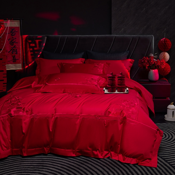 91家纺网 家纺一手货源 找家纺 洽想家 2025新款纯棉贡缎刺绣婚庆系列四件套 婚庆-百年好合