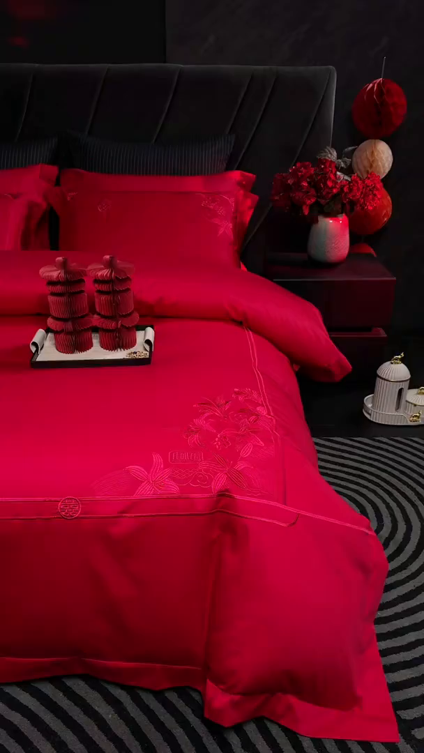 91家纺网 家纺一手货源 找家纺 洽想家 2025新款纯棉贡缎刺绣婚庆系列四件套 婚庆-百年好合