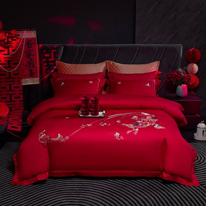91家纺网 家纺一手货源 找家纺 洽想家 2025新款纯棉贡缎刺绣婚庆系列四件套 婚庆-百子图