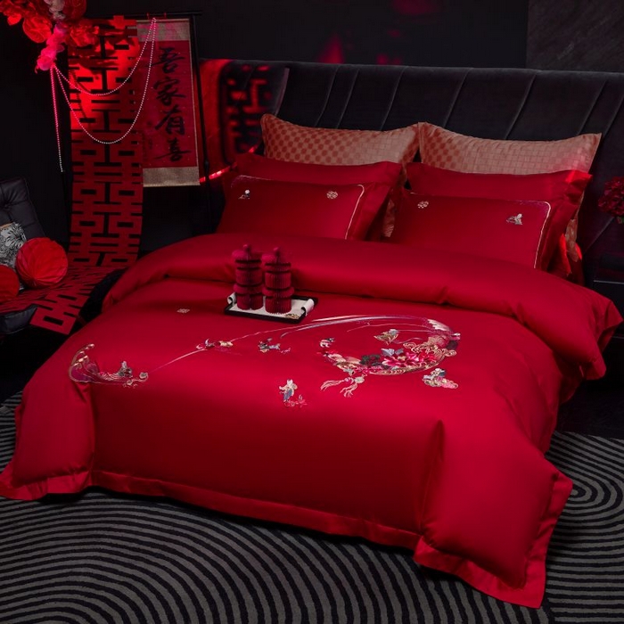 91家纺网 家纺一手货源 找家纺 洽想家 2025新款纯棉贡缎刺绣婚庆系列四件套 婚庆-百子图