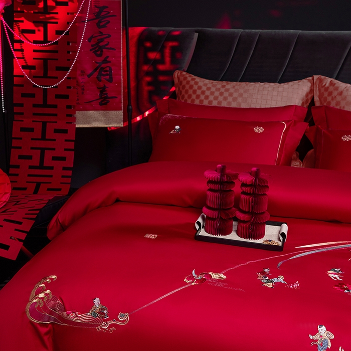 91家纺网 家纺一手货源 找家纺 洽想家 2025新款纯棉贡缎刺绣婚庆系列四件套 婚庆-百子图