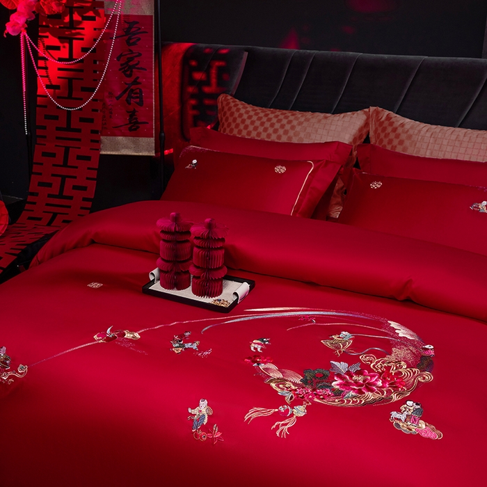 91家纺网 家纺一手货源 找家纺 洽想家 2025新款纯棉贡缎刺绣婚庆系列四件套 婚庆-百子图