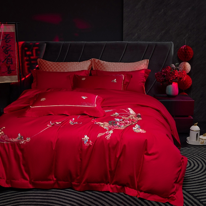 91家纺网 家纺一手货源 找家纺 洽想家 2025新款纯棉贡缎刺绣婚庆系列四件套 婚庆-百子图