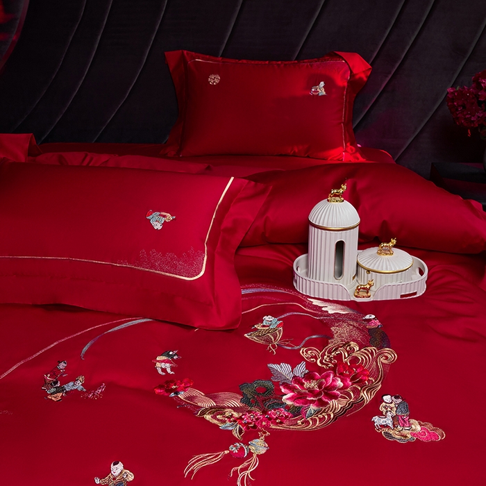 91家纺网 家纺一手货源 找家纺 洽想家 2025新款纯棉贡缎刺绣婚庆系列四件套 婚庆-百子图