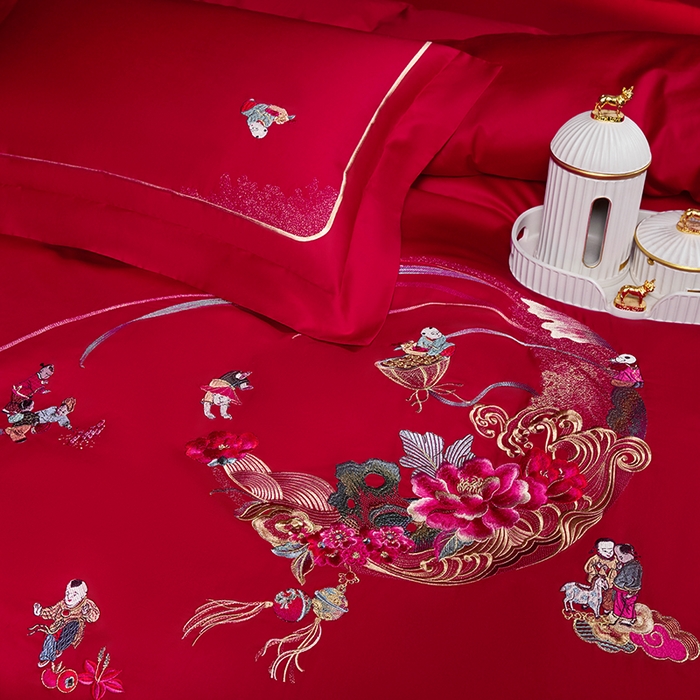 91家纺网 家纺一手货源 找家纺 洽想家 2025新款纯棉贡缎刺绣婚庆系列四件套 婚庆-百子图