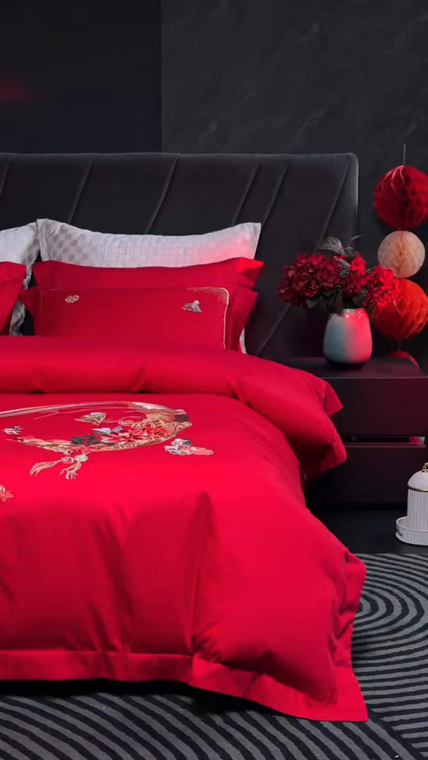 91家纺网 家纺一手货源 找家纺 洽想家 2025新款纯棉贡缎刺绣婚庆系列四件套 婚庆-百子图