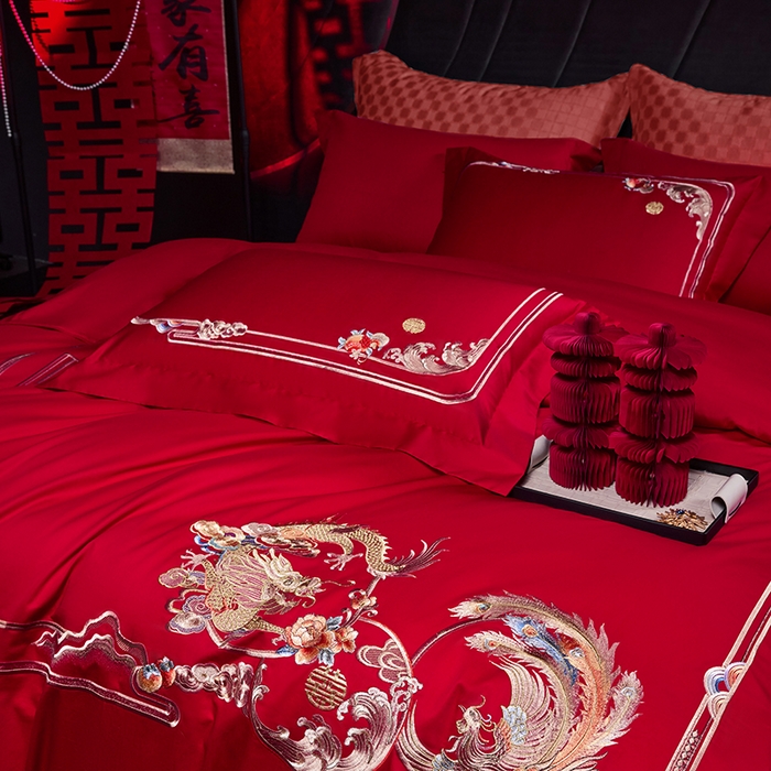 91家纺网 家纺一手货源 找家纺 洽想家 2025新款纯棉贡缎刺绣婚庆系列四件套 婚庆-龙凤呈祥