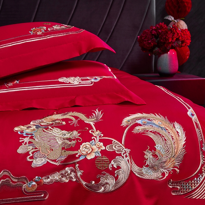 91家纺网 家纺一手货源 找家纺 洽想家 2025新款纯棉贡缎刺绣婚庆系列四件套 婚庆-龙凤呈祥