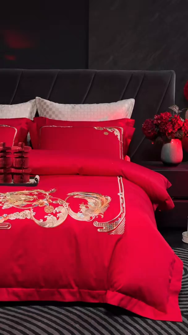 91家纺网 家纺一手货源 找家纺 洽想家 2025新款纯棉贡缎刺绣婚庆系列四件套 婚庆-龙凤呈祥