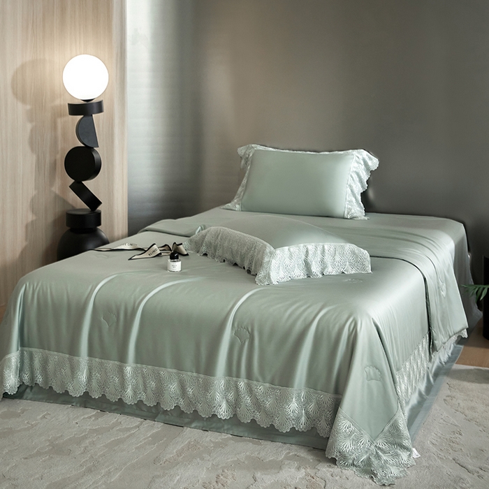 91家纺网 家纺一手货源 找家纺 洽想家 2025春夏新款100S天丝棉蕾丝夏被四件套--沐颜 沐颜 绿色