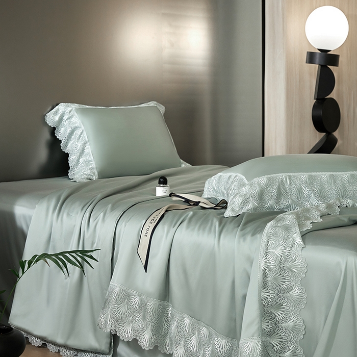 91家纺网 家纺一手货源 找家纺 洽想家 2025春夏新款100S天丝棉蕾丝夏被四件套--沐颜 沐颜 绿色