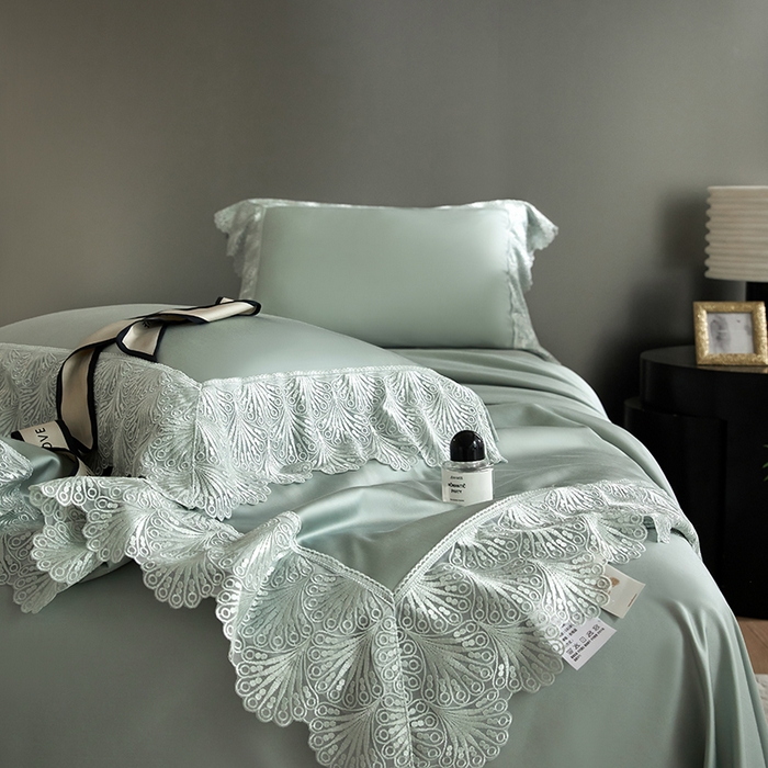 91家纺网 家纺一手货源 找家纺 洽想家 2025春夏新款100S天丝棉蕾丝夏被四件套--沐颜 沐颜 绿色